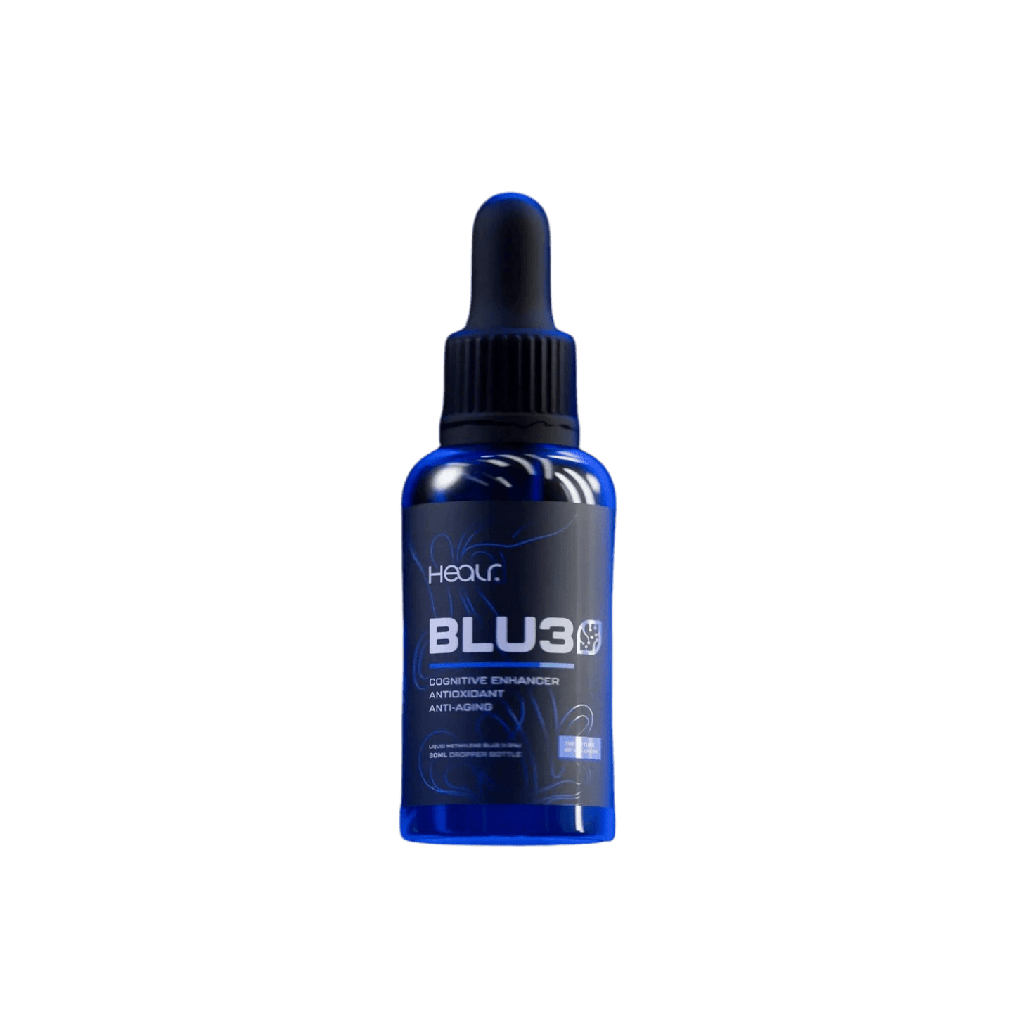 Healr Blu3 30ml bottle, cognitive enhancer with antioxidant properties, for improved clarity and focus.